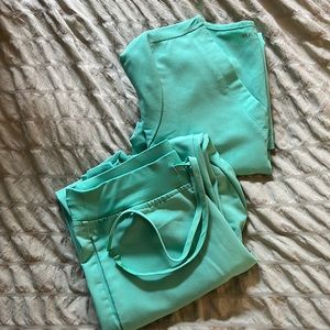 Turquoise mandala scrub top and high waisted bottoms